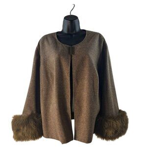 Terry Lewis Faux Fur Trim Wool Blend Open Cardigan Jacket 2X